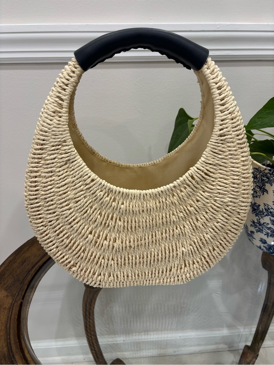 a new day Handbags - a new day Natural Woven Crescent Tote with Black Handle